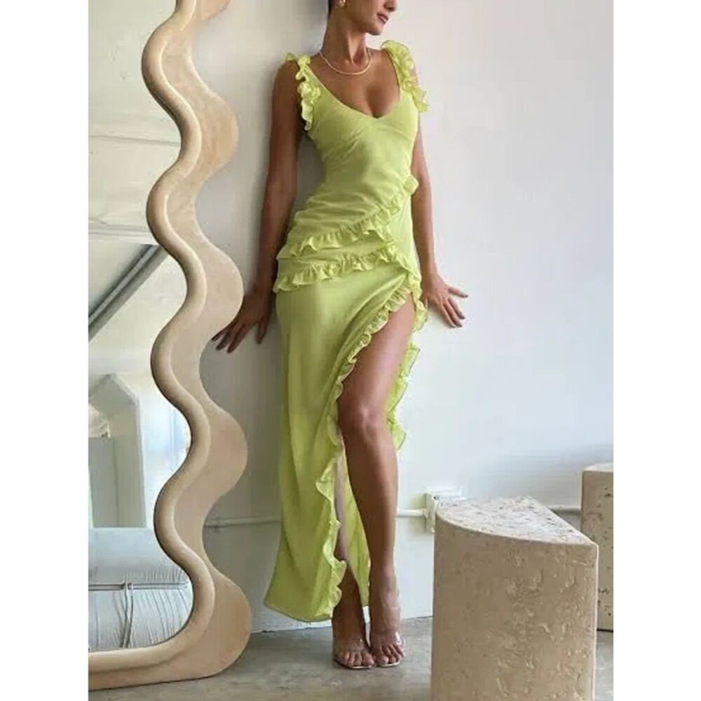 House of CB Ruffle Trim Plunge Maxi Dress S - Lime Green